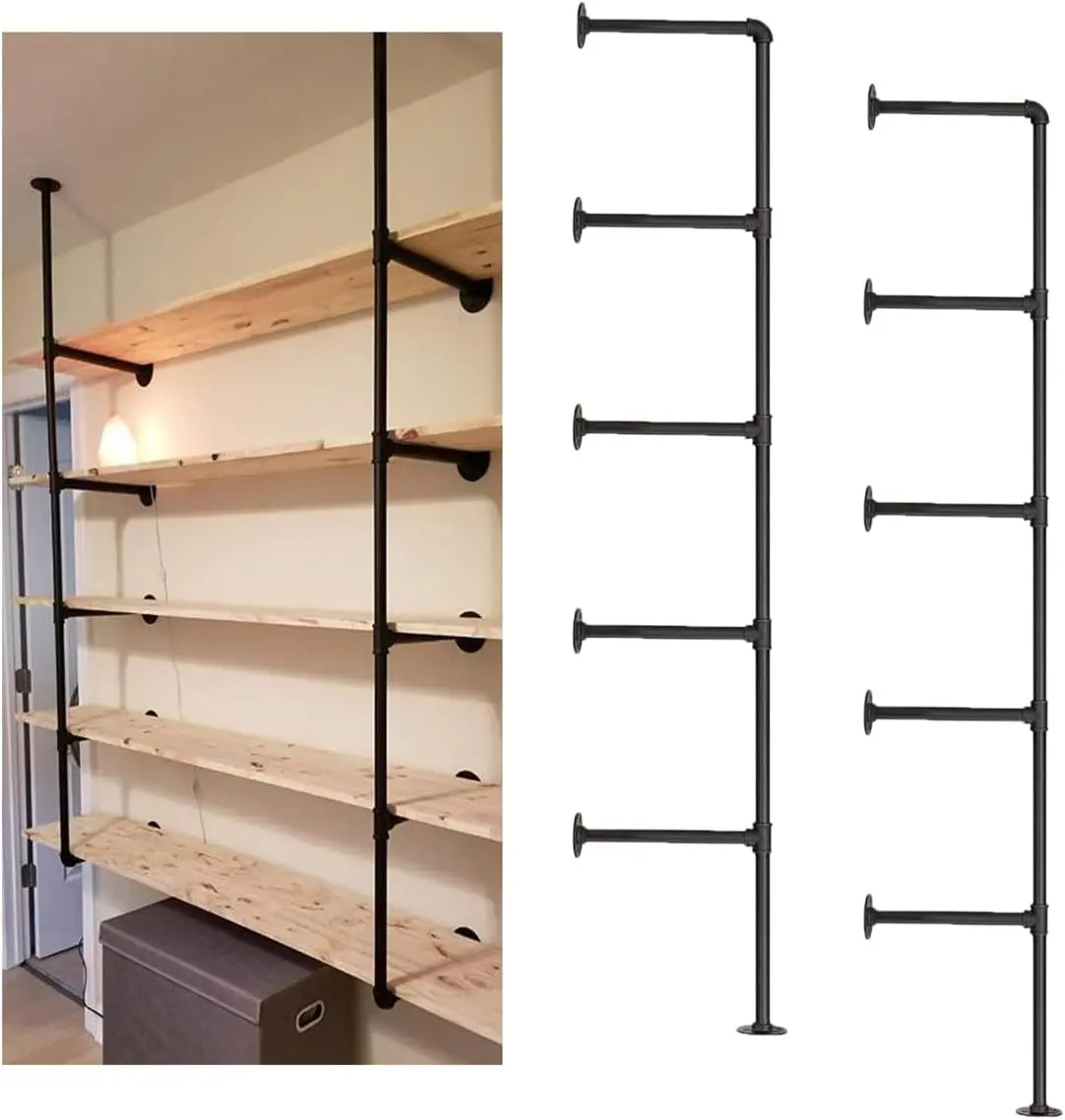 Industrial Wall Mount Iron Pipe Shelf Shelves Shelving Bracket Black  Retro Ceiling Hung Shelf DIY Open Bookshelf Storage for offcie Room Kitchen (2PcsX5Tier,68" Tall,10" deep,Hardware Only)