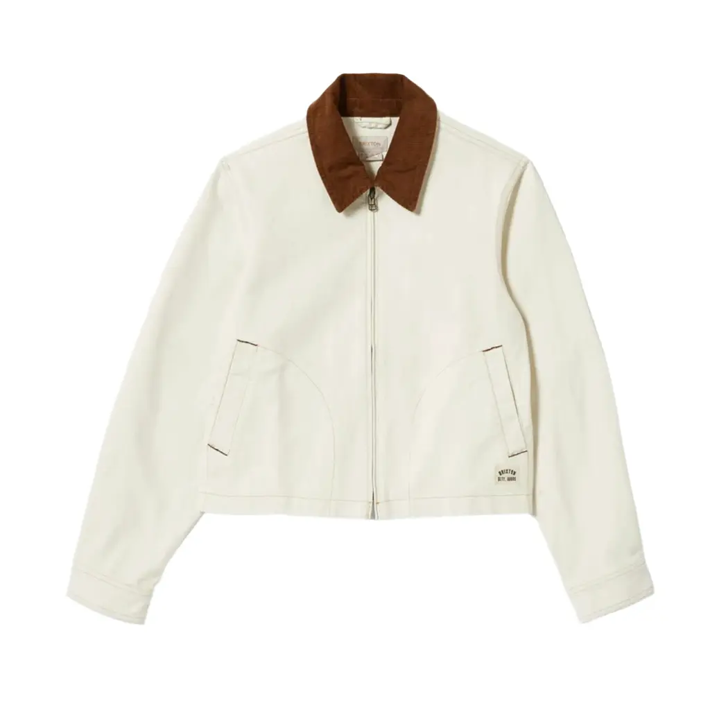 Brixton Women's Vintage Corduroy Cotton Woven Mechanic Garage Jacket - Egret White, Zipper-Closure Basic Style Top & Coat for Everyday Wear