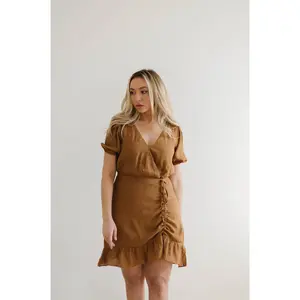 European Lover Ruched Front Mini Dress - Brown