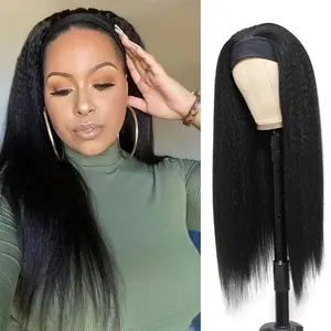 Kinky Straight Headband Wigs 22inch for Black Women Kinky Wigs with Headband Glueless None Lace Front Synthetic Yaki Headband Wig (#1B)
