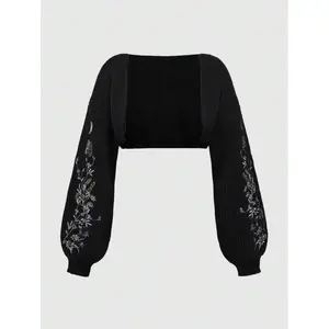 Plus Size Botanical Gothic Snake Embroidered Cropped Sleeveless Thin Open Cardigan, Natural Style