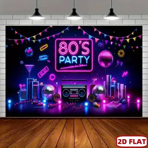 1-Piece Reusable 80s Themed Flat Banner, Large Sizes 243.84x6.0ft Polyester Festive Backdrop with Neon Print '80s Party' Sign, Boom Box & City Skyline for Home & Party Supplies