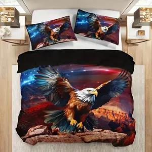 3pcs Bedding Set (1 Fitted Sheet + 2 Pillowcases), Eagle and American Flag Background, Digital HD Print, Home Dorm Bedroom Linen