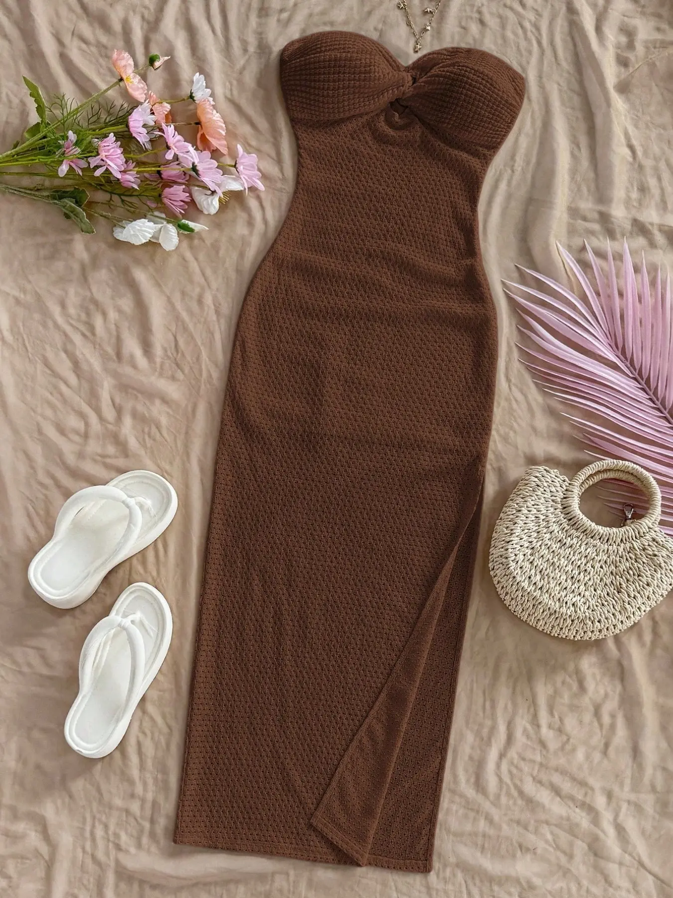 This Textured Bandeau Midi Dress is Effortless Beach Chic Casual Wear Bohemian Sun Dress Twist Front High Slit Tube Dress Women Boho Style Womenswear