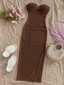 This Textured Bandeau Midi Dress is Effortless Beach Chic Casual Wear Twist Front High Slit Tube Dress