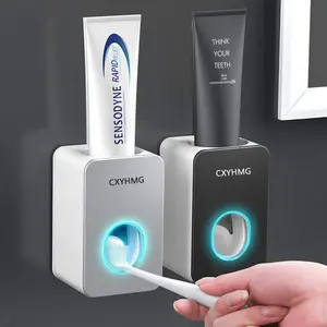 Toothpaste Dispenser 2 PCS Automatic Toothpaste Squeezer Dispenser for Kids & Family Shower is Wall Mount Bathroom Accessories with Super Sticky Suction Pad. (Black-Grey)