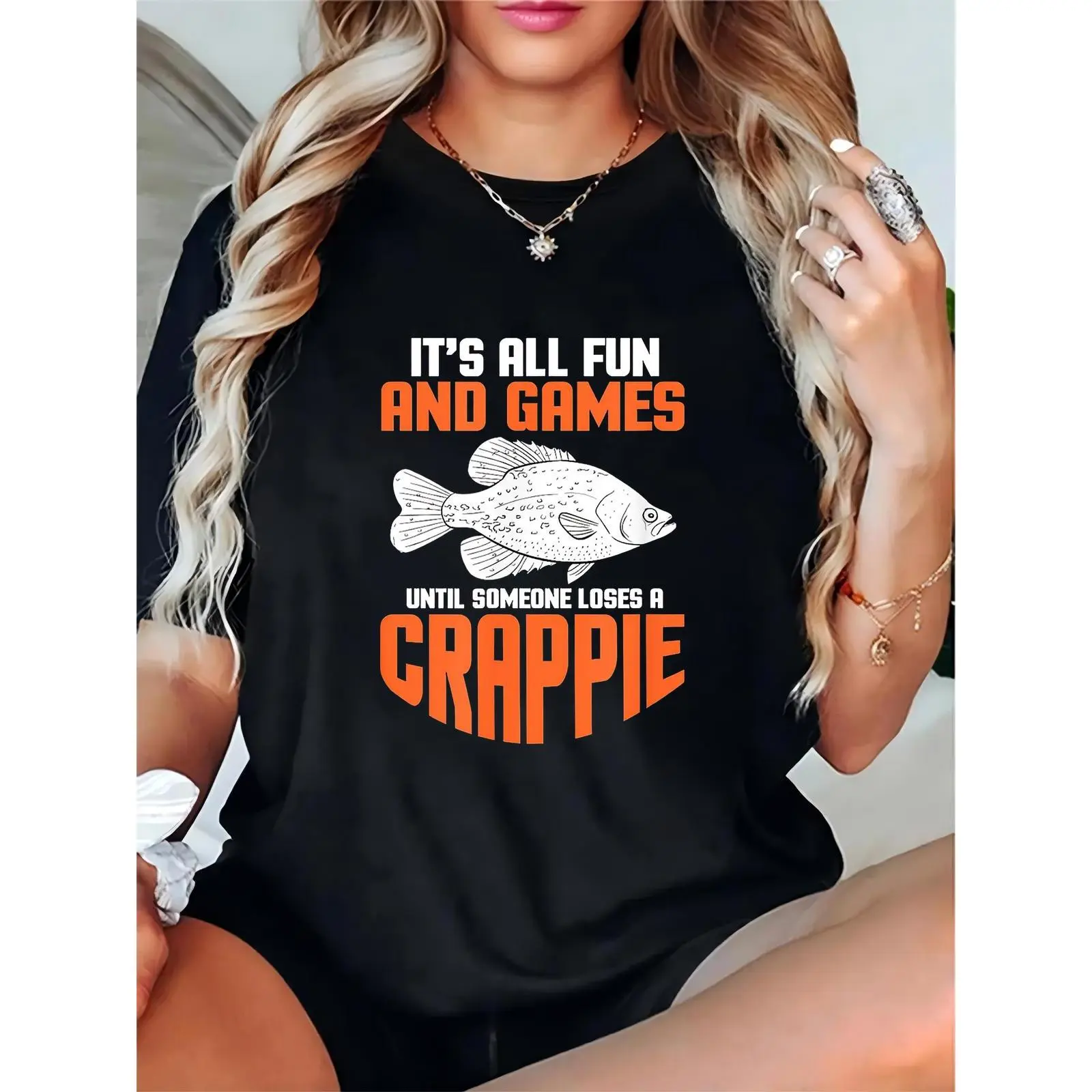 Women's Funny Crappie Fishing T-Shirt "It's All Fun And Games Until Someone Loses A Crappie" Graphic Tee Casual Outdoor Fishing Enthusiasts Top 100% Cotton T-shirt