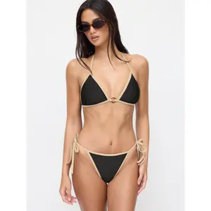 Cider V-neck Contrasting Binding O-ring Halter Tie Side Bikini Set