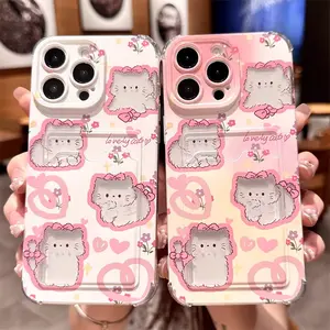 Cute cartoon cat phone case, adorable design, compatible with iPhones, features a card slot on the back and four corners for shock protection, made of TPU material for shock and drop resistance.