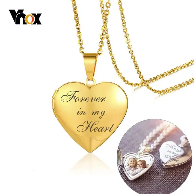 Vnox Personalized Heart Locket Pendant for Women Men Po Frame Necklaces Stainless Steel Always in My Heart Unique Custom Gift