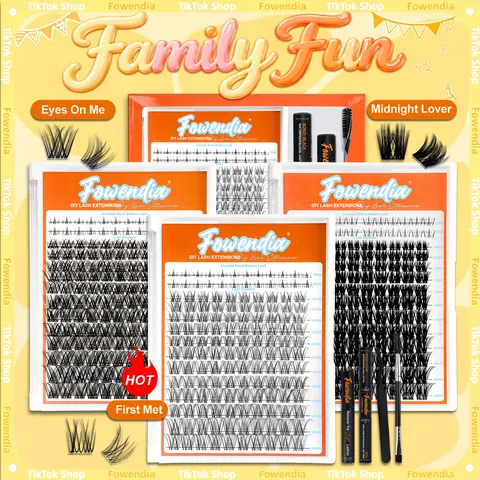 Fowendia DIY False Eyelash Extension Kit - C/D Curl Eyelash Extensions, 8-18mm Ultra-Thin Transparent Band Cluster Lashes with Featherlight Lashed Doll Eye Effect, Includes Bond, Seal, Remover for Universal Makeup Use