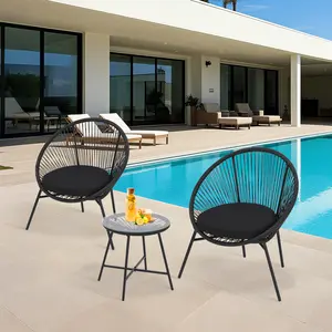 3-Piece Outdoor Rattan Bistro Set with 2 Cushioned Chairs & Tempered Glass Table, All Weather PE Wicker Patio Furniture for Porch, Garden
