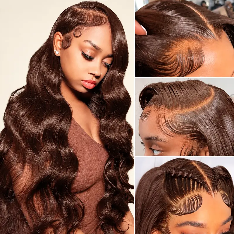 Bling Hair Chocolate Brown 13x6 Body Wave Lace Front Wigs Human Hair HD Transparent Burmese Curly Lace Frontal Wig 180% Density Deep Wave Human Hair Wigs Pre-Plucked Hairline with Baby Hair Color #4 Long Brown Wigs for Women