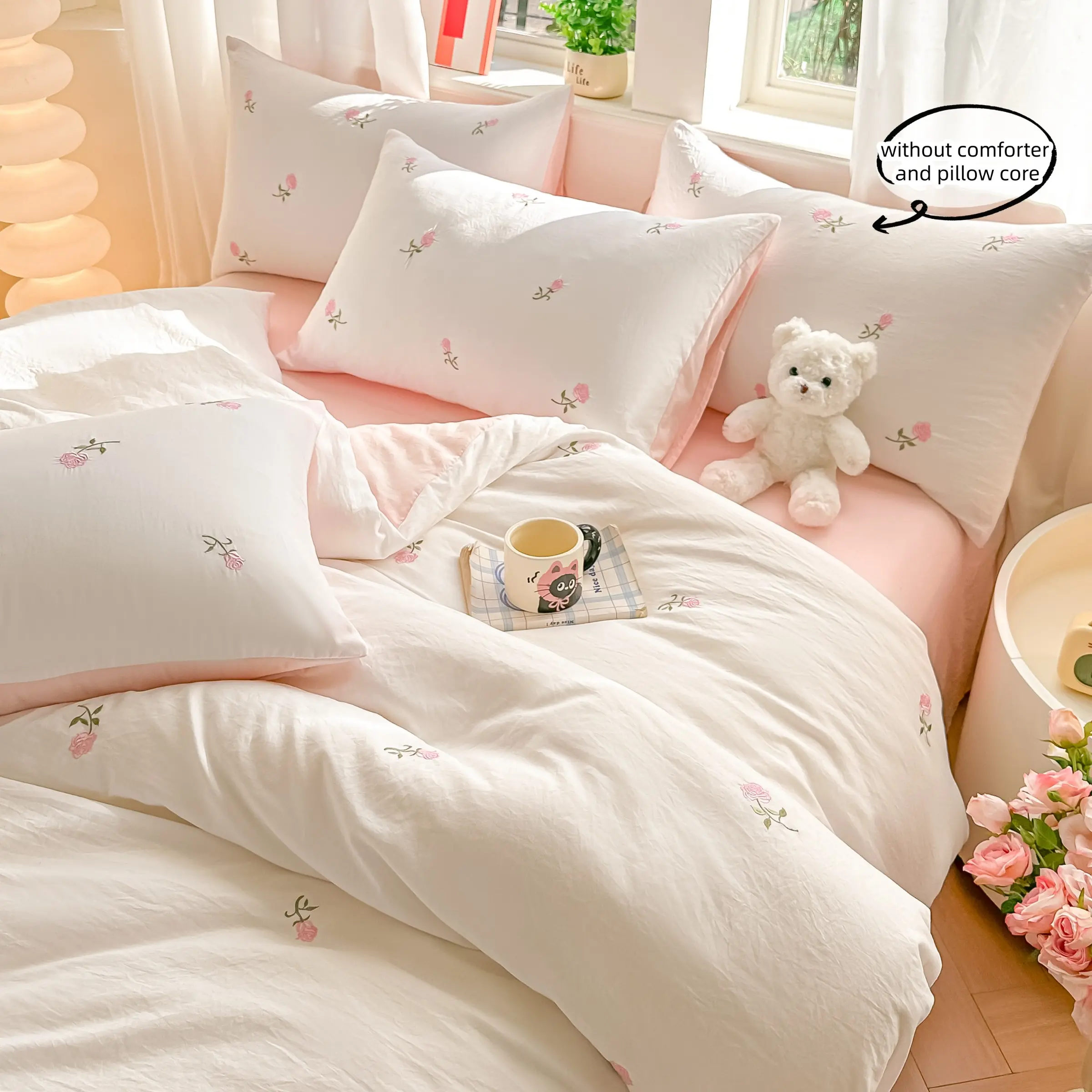 Elegant Embroidered Rose Decorative Bedding Set, Includes 1 Fitted Sheet and 2 Pillowcases, Soft Fabric, Zipper Design, All Seasons, Soft Bedding Sets