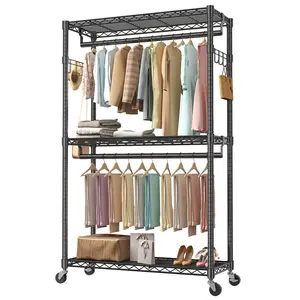 3 Tier Heavy Duty Rolling Garment Rack with Lockable Rollers,Freestanding Clothing Rack,White