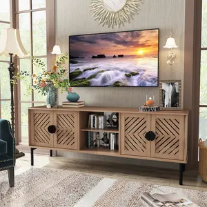 Aesthetic Geometric - Patterned Wooden TV Stand, Mid - Century Modern Media Console with Storage Cabinets & Open Shelf, Perfect for Living Room/Bedroom/Office, Ideal for Home Decor Lovers & Organizers dark wood furniture