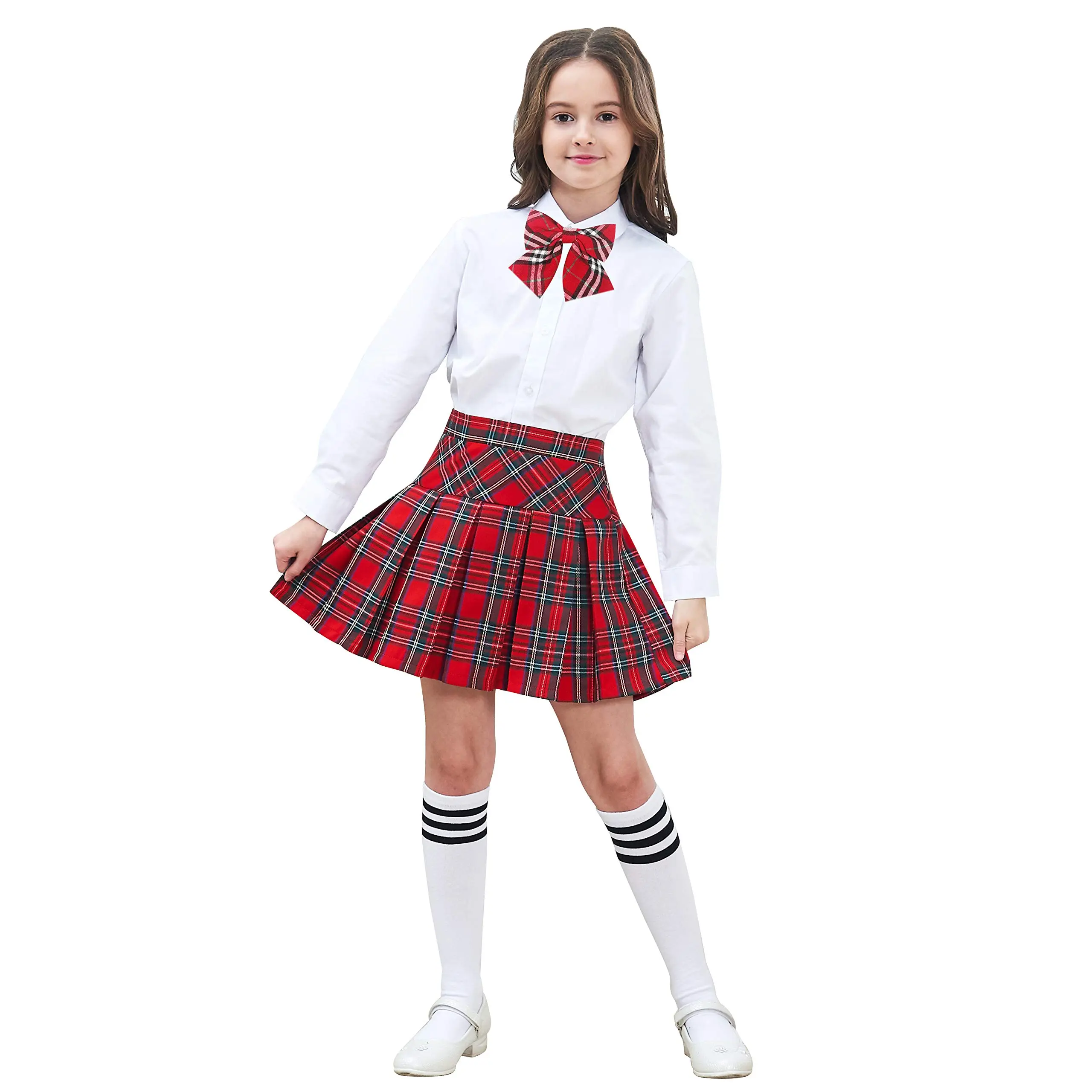 SUNNY FASHION Girls' Preppy Tartan Print Tiered Pleated Polyester Mini Skirt - 11-12 Years, Elastic Waist & Zip, School Uniform, Party Wear, Above Knee, Low Tumble Dry