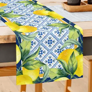 Lemon Table Runner Spring Summer Decorations Lemon Cyan Blue Table Runner Seasonal Italian Kitchen Decor for Indoor Outdoor Dinner Party Patio Decor, Housewarming Gifts