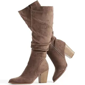 Women's Pointed Toe Knee High Boots Faux Suede Slouch Boots with Chunky Heel