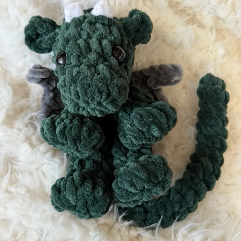Crochet Dragon Plushie -Forest green Color, Soft Plush Material, Cute Design, Approximately 8 Inches Tall, Perfect for Cuddling and Gifting