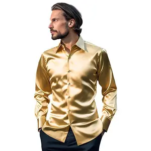 Men’s solid-color nightclub long-sleeve shirt made from simulated silk satin with a shiny finish—new arrival. Trendy minimalist aesthetic, breathable, smooth texture, available in beige and white.