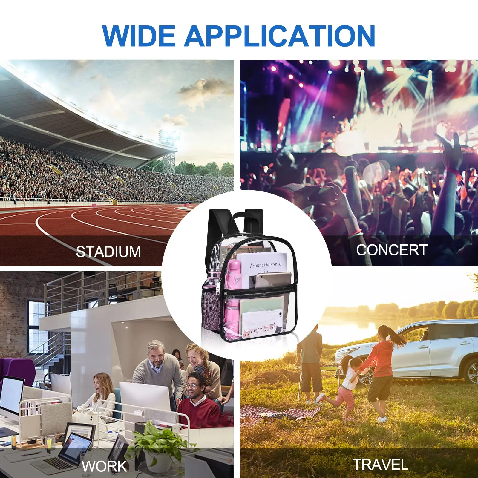 9306 Clear Backpack Stadium Approved with Adjustable Reinforced Straps, 3 Mildbeer Clear Stadium Backpack with Bottle Holder - 12x12x6  main image 3