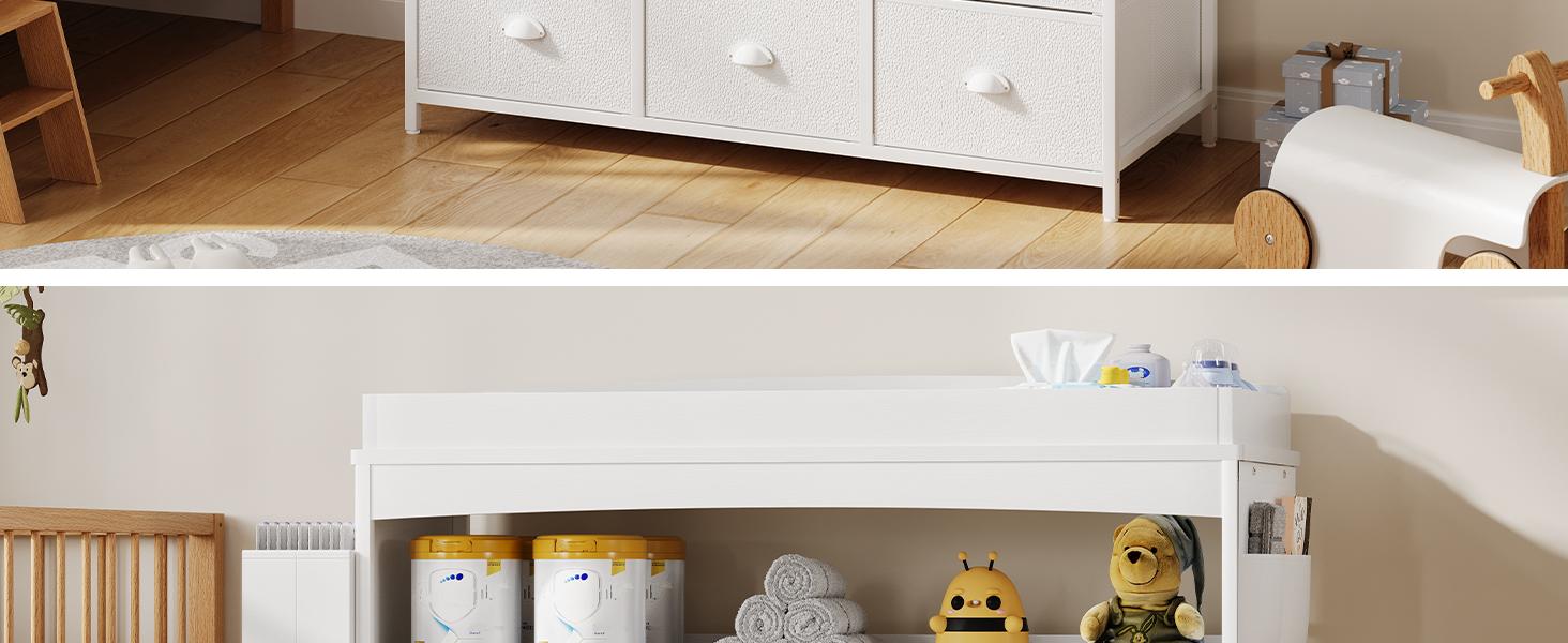 White Sturdy Wood & Engineered Wood Nursery Furniture Infant Changing Table Dresser - 6 Fabric Drawers, Changing Table Top, Storage Shelf, Modern Nursery Diaper Station