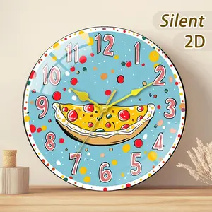 Wooden/safety Glass Wall Clock Modern Fireplace Clock, Colorful Pizza Center, Round Shape, Battery Operated, Home Decor Gift