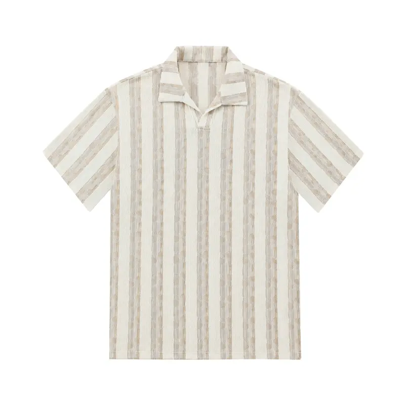 Men’s Stylish Short-Sleeve Textured Jacquard Polo Shirt, V-Neck, Loose Fit, Vertical Stripes, Menswear, Ideal for Tropical Island Vacations & Jeans Pairing, Shortsleeve