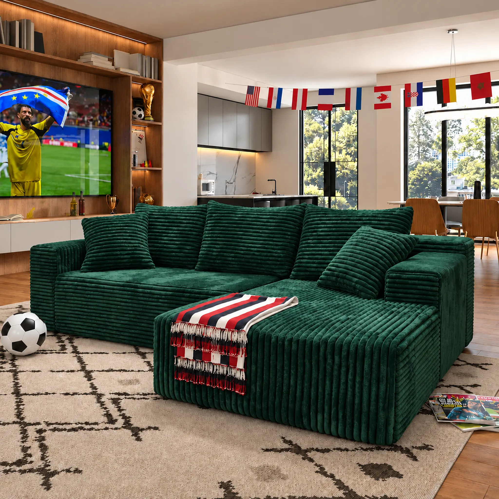 96" Green Minimalist L-Shape Sectional Couch with Fixed Arms, Modern Chenille Boneless Cloud Sofa, No Assembly, Oversized Modular Deep Seat Striped Set, Flexible Configuration, Soft Squishy Couch for Living Room Furniture, L-Shape Sectional Living Room Fu