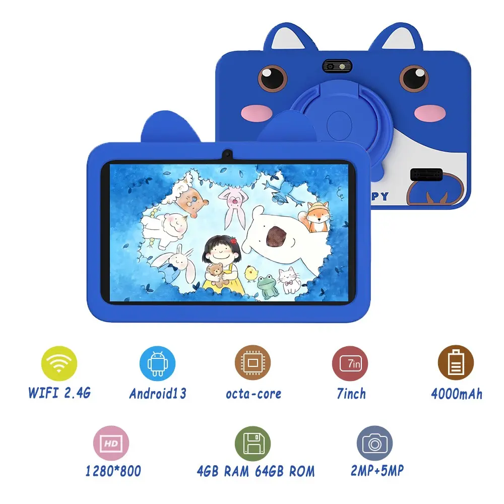 7-inch children's tablet, Android Tablets, Android 13 4GB RAM 64GB ROM Q version cute little rabbit silicone protective case, parents can control software education learning program with WIFI function