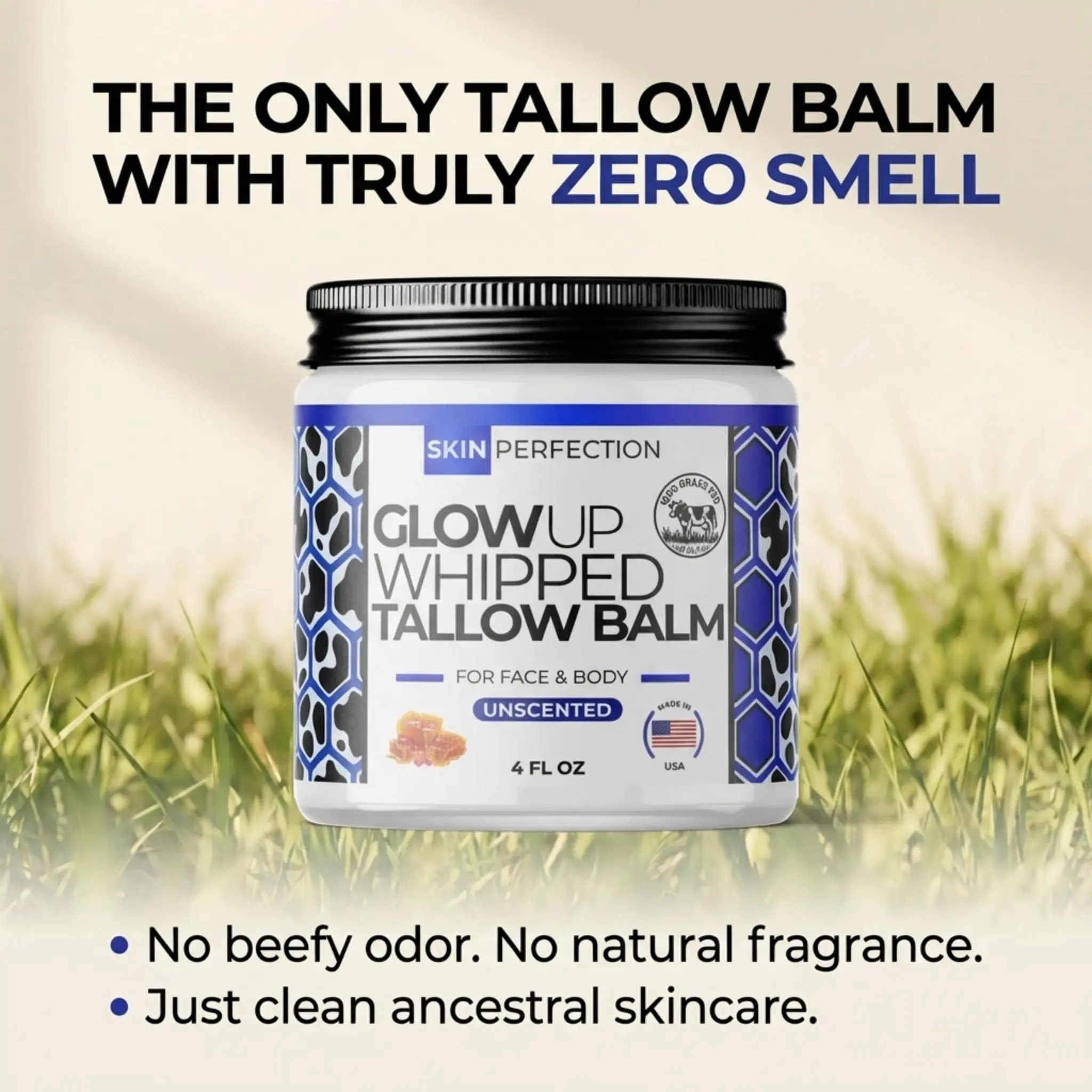 Glow Up Whipped Grass-Fed Tallow Balm and Manuka Honey 2 Ingredient Made In USA 4 Oz Jar