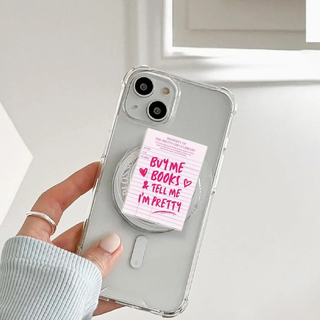 Buy Me Books Phone Grip, Funny Library Card Grip, Pretty Girl Book Lover Gift, Bibliophile Kindle Holder, Aesthetic Coquette Phone Stand