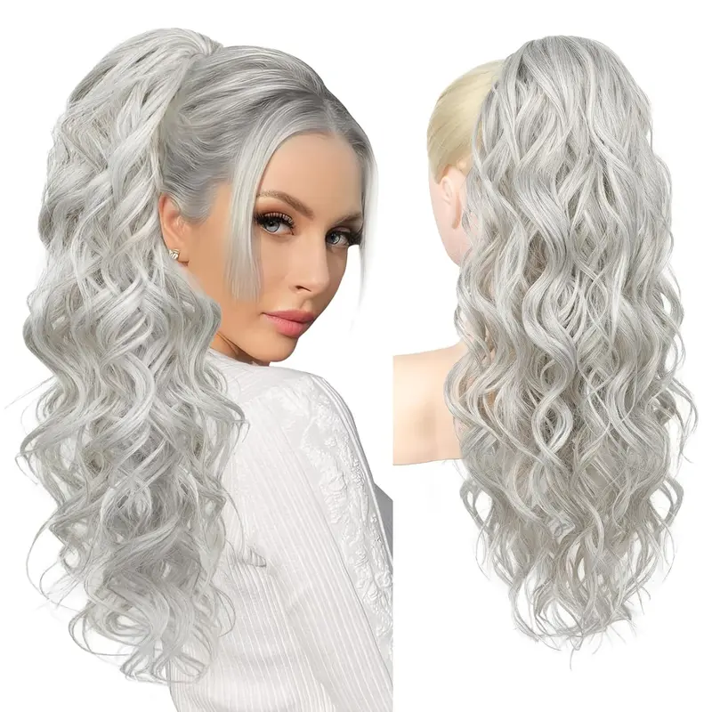 Ponytail Extension, 24" Claw Clip Ponytail Extension Wavy Ponytails Hair Extensions Jaw Clip on Pony Tails Natural Synthetic Hairpiece for Women Daily, Silver Grey