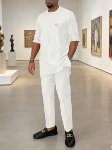 Men's Dashiki Casual Set, Round Neck Short Sleeve, Hidden Button, Embroidered Split Hem Top, Drawstring Pants, Perfect for Dates, Parties, Travel