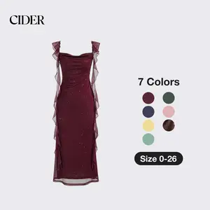 Cider [6 colors, size 0-26] Cowl Neck Solid Glitter Ruffle Hem Maxi Dress