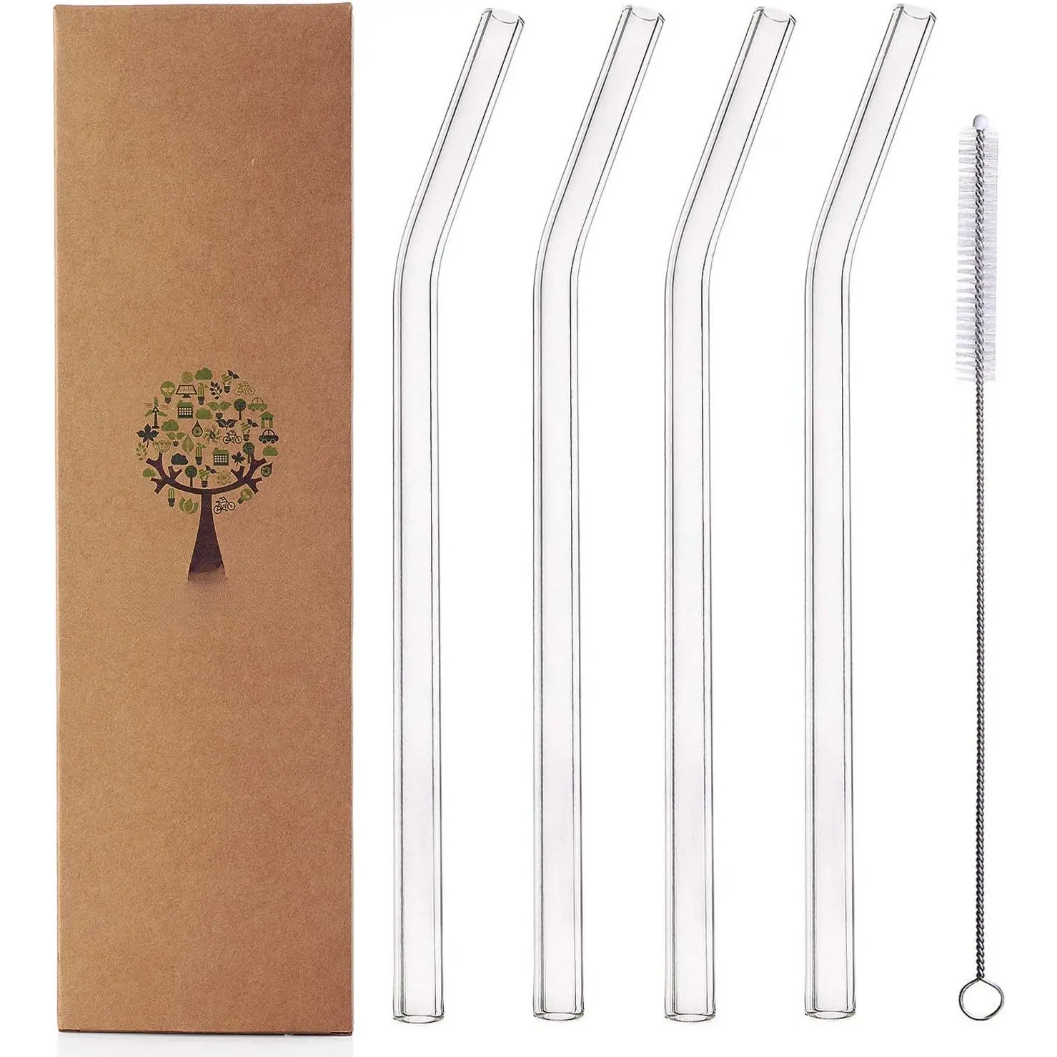 Glass Smoothie Straws,  Clear Bent 9 in X 10 mm Drinking Straws, Set of 4 with Cleaning Brush