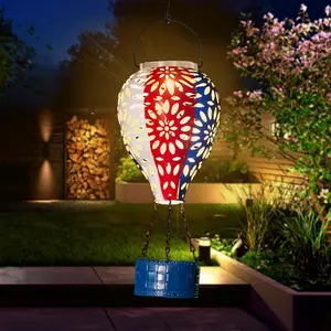 Solar Hot Air Balloon Lantern,Hanging Lantern Outdoor  Decorative Metal LED Solar Lights for Trees Patio Garden Yard Porch Decor, Flag