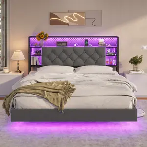 ADORNEVE Floating Bed Frame Full with Hidden Storage Headboard, LED Lights, Full Size Visual Floating LED Bed Frame with Charing Station,Full Floating Platform Bed, No Box Spring Needed