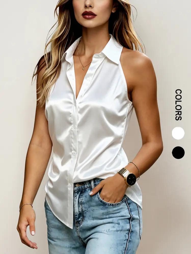 Women's Silky Smooth Satin Plain Lapel Sleeveless Button-Front Backless Blouse for Summer Daily Work Office , White/Black Shirt Fitted Top For Women Trendy Minimalist