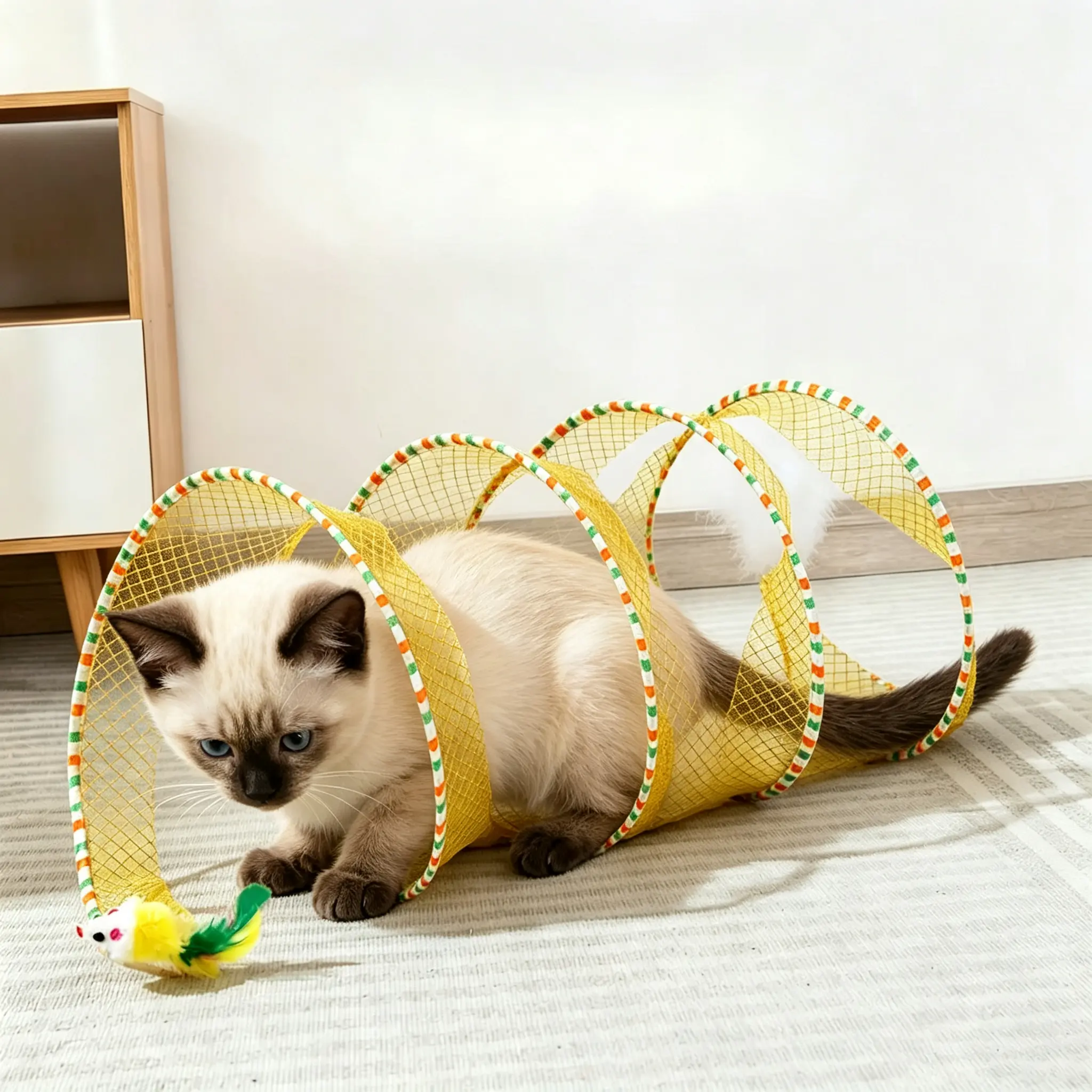 Spiral Shape Mesh Fabric Cat Tunnel - 20in Collapsible Accessory with Feather Bell, Exercise Boost Interactive Plaything, Universal Fit Durable for Indoor Cats & Small Pets (2 Color Options)