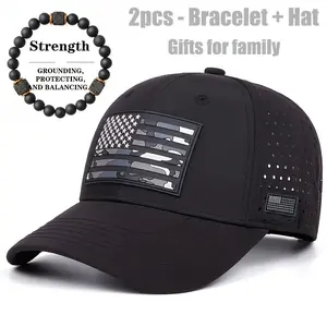 2pcs/set 1pc Hat + 1pc Bracelet Unisex Baseball Caps with Flag Print, Curved Brim, Adjustable for Outdoor, Street, Casual, and Sports Wear, Also Suitable as a Gift, party gift, party decoration，summer supplies
