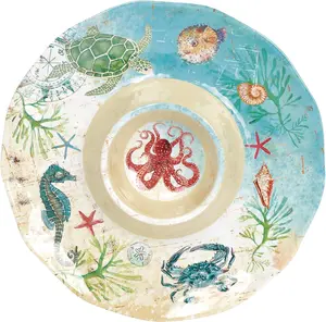 Sea Life Melamine Chip and Dip Serving Tray Round Platter for Chips Salsa Fruit Snacks Multicolor 13.5 Inch with Oceanic Design