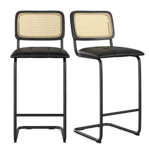 Counter Height Bar Stools Set of 2, Upholstered PU Leather Barstools with Rattan Back, 30 inch Stools Armless Bar Chairs for Kitchen Island