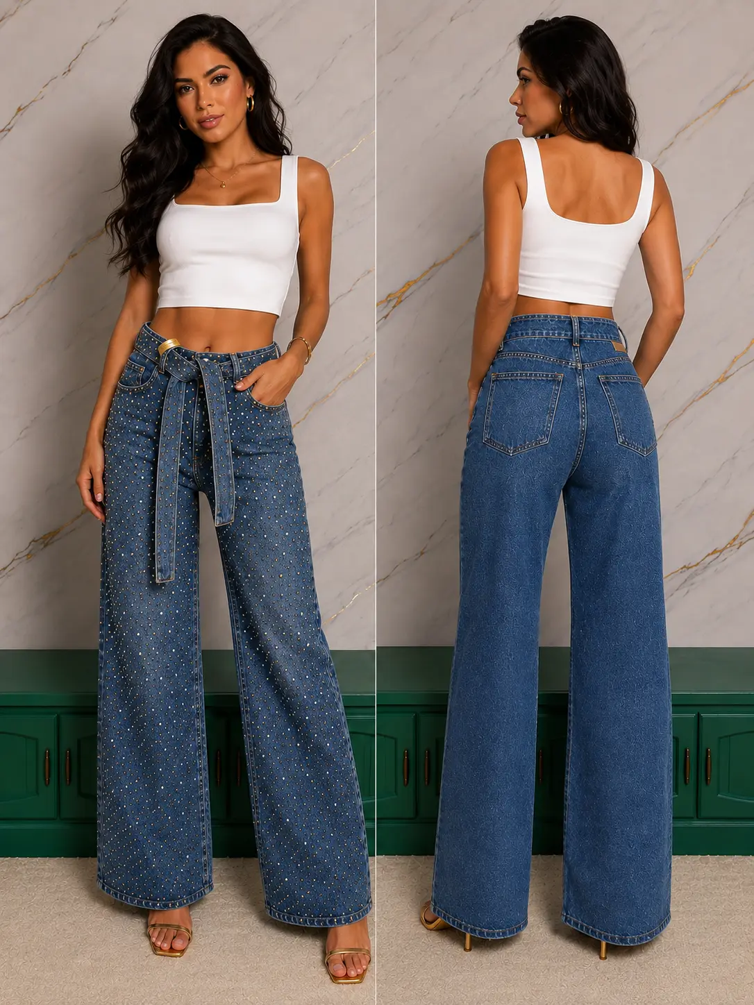 Stretch Jean  Rhinestone Wideleg