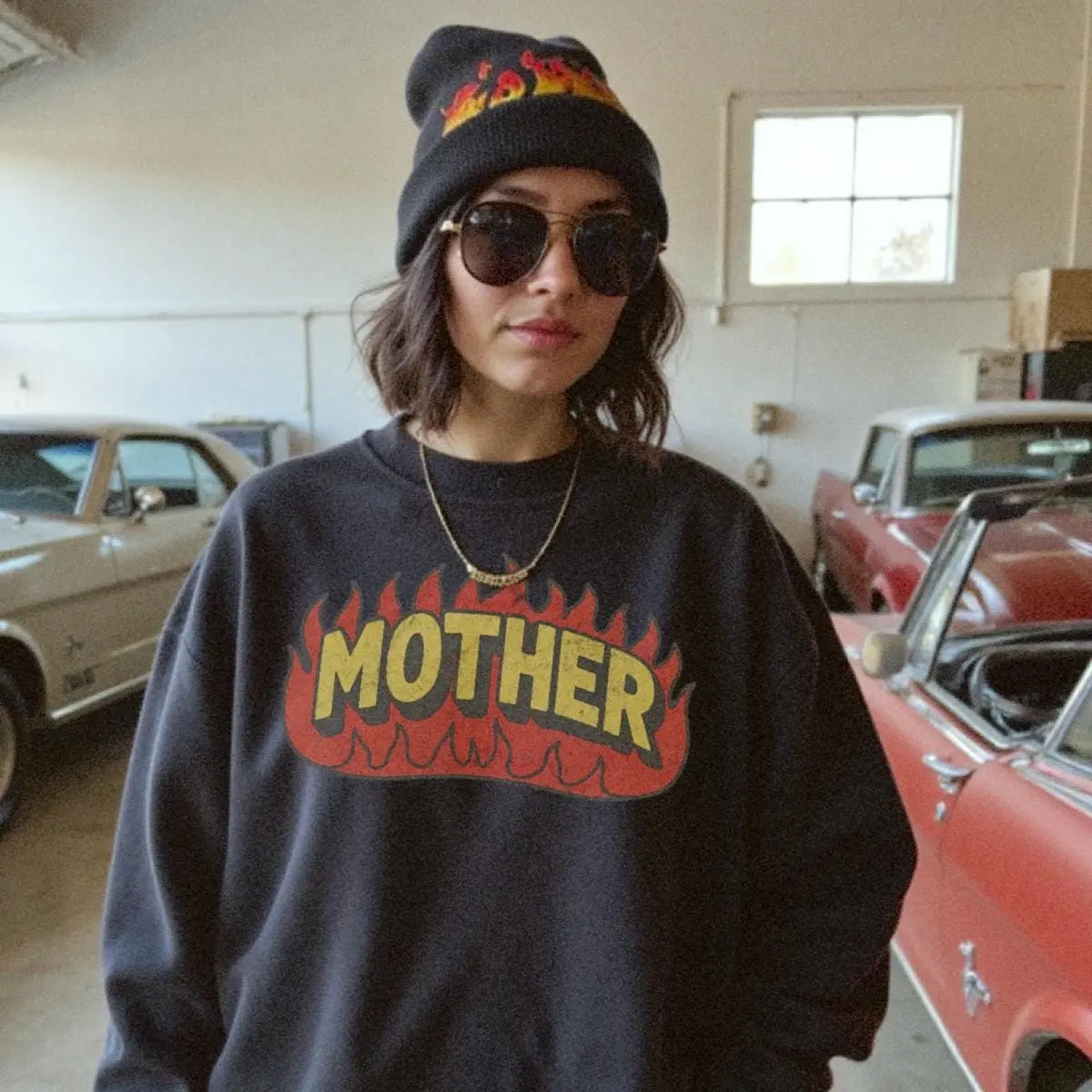 Mother Flaming Sweatshirt, mom mama graphic sweatshirt, Mother’s Day trendy edgy grunge biker sweatshirt