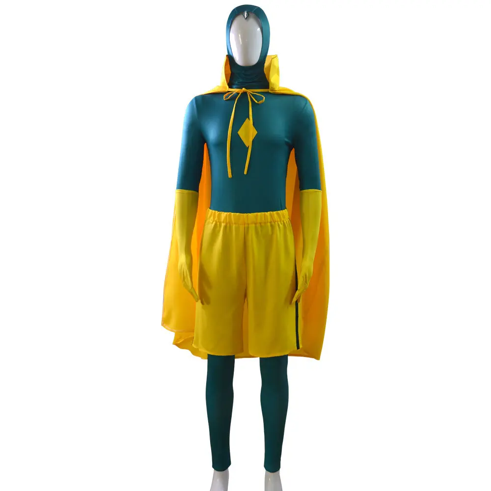 Vision Green Bodysuit Cosplay Costume Set Yellow Cape Headband Shorts Gloves for Comic Con