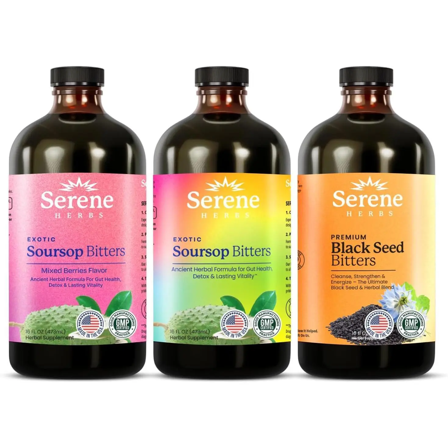 Serene Herbs - Soursop Bitters Liquid - Organic Herbal Guanabana Detox with Black Seed, Moringa & Ginger - Supports Digestive Wellness & Immune Function - 16 fl oz​