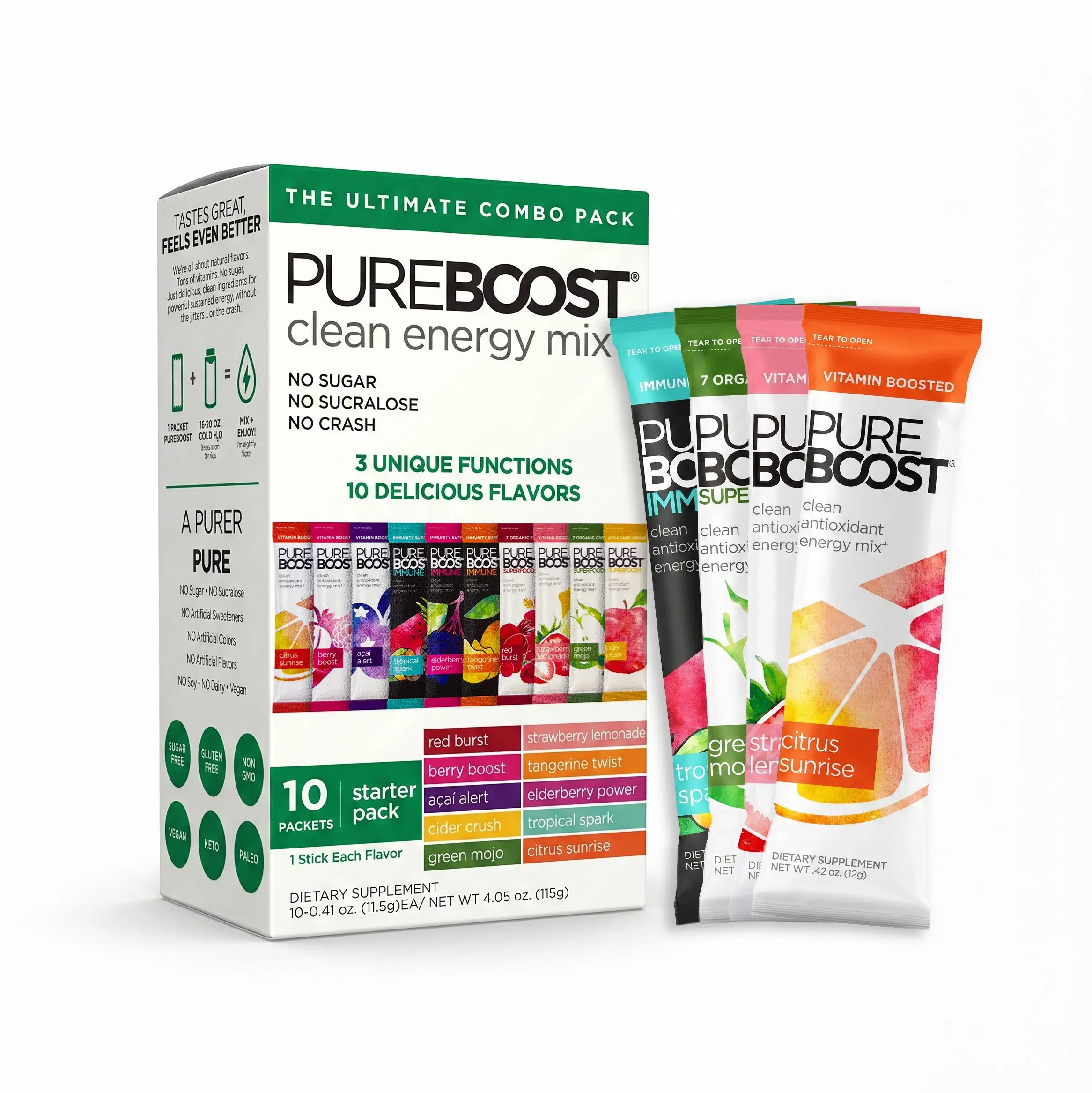 Pureboost Sugar Free Clean Energy & Immune Support Drink Mix Variety Pack, Refreshing Energy Booster with B12 Vitamins, Electrolytes, Antioxidants, Superfoods and No Sucralose (Combo Pack, 10 Count)