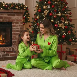 PYBCVRRD Mommy and Me Pajamas Christmas Family Matching Sleepwear Green Monster Heart Long Sleeve Lapel Button Down Tops and Pants Satin Silk Loungewear